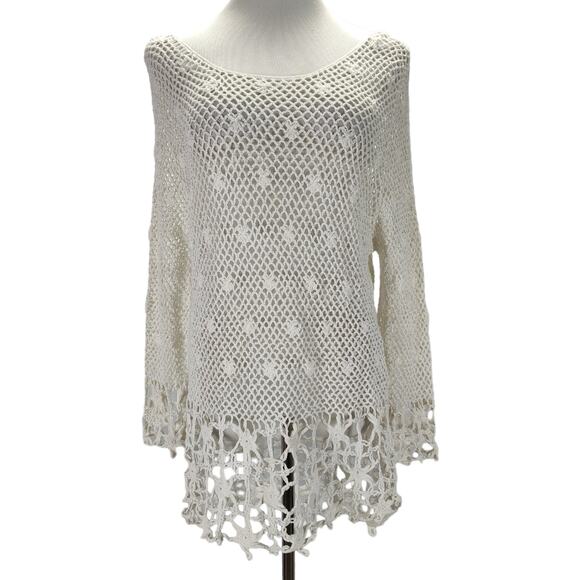 Kut from the Kloth White Loose Knit Sweater Size L Cotton Crochet Starfish Hem - Picture 2 of 11